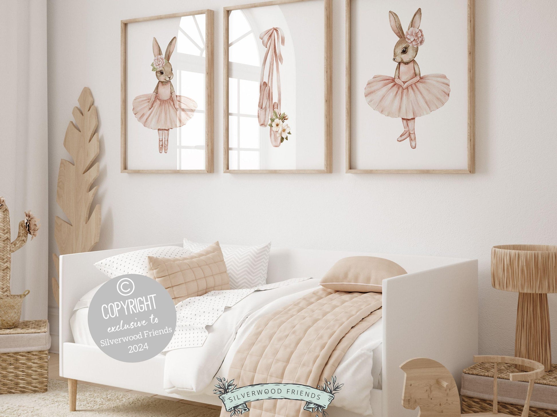 Set of 3 Bunny Ballerina Prints. These sweet and playful illustrations are perfect for ballet themed decor or as a unique baby shower gift, capturing the joy and grace of a tiny dancers world.