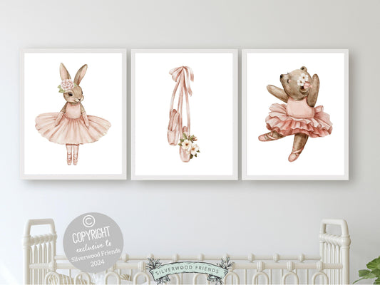 Girls Ballerina Nursery Prints, Baby Girl Ballerina Bear Bunny Nursery Decor, Ballerina Poster Nursery Wall Art,Ballet Bedroom Digital Print