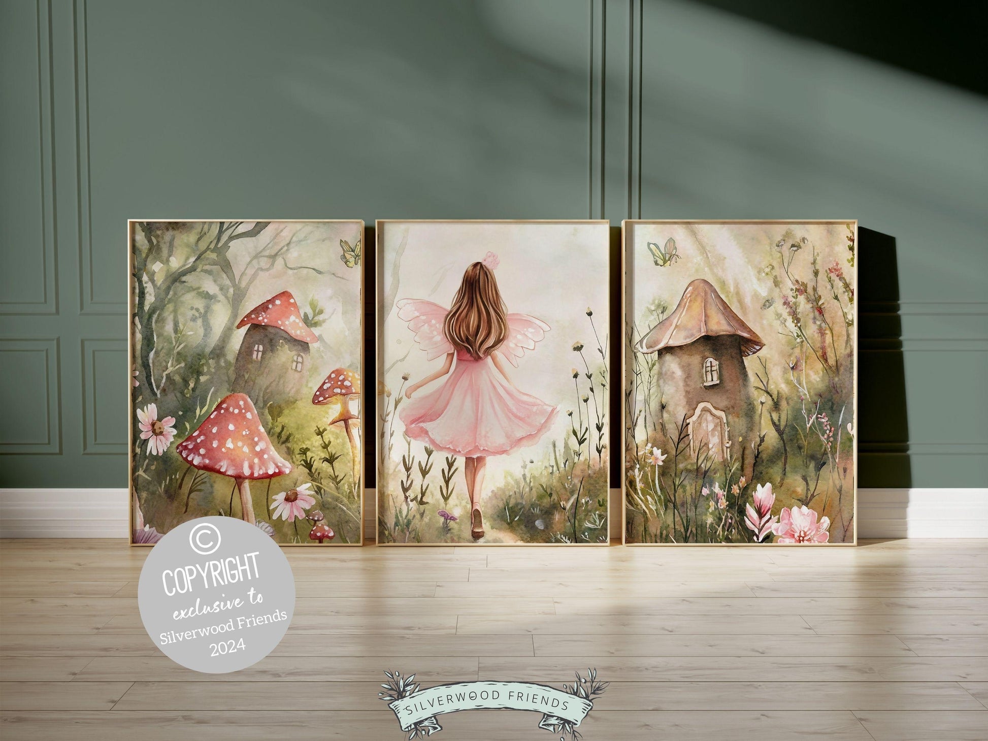 Our gorgeous Wildflower Fairy Nursery Prints with delicate watercolor fairy, mushrooms, castle, butterflies and wildflowers is designed in a classic storybook illustration style.