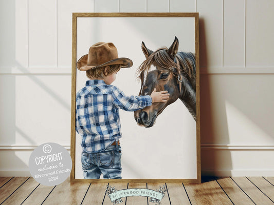 Cowboy Nursery Print, featuring an adorable little cowboy patting his trusty horse. Perfect for western themed decor and a thoughtful cowboy baby shower gift for horse loving families.