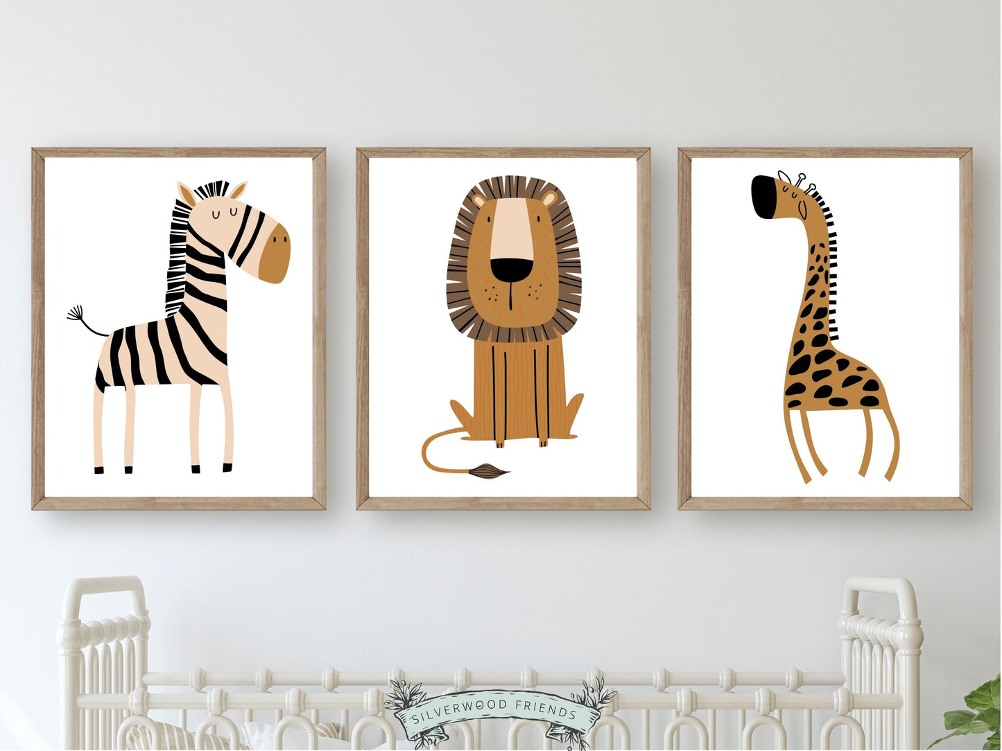 These Safari Jungle Animal Nursery Prints with jungle animals zebra, lion and giraffe is set on a white background and perfect for your jungle nursery decor and also as a thoughtful safari baby shower gift.