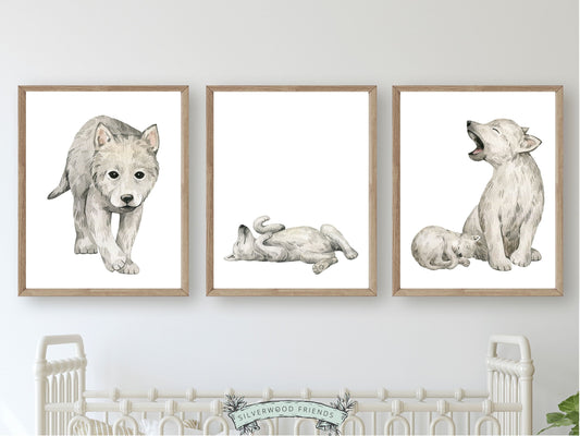 This cute Baby Wolf Nursery Print Set of 3 is the perfect addition to your baby's wolf nursery decor or woodland nursery. It also makes a thoughtful wolf baby shower gift.