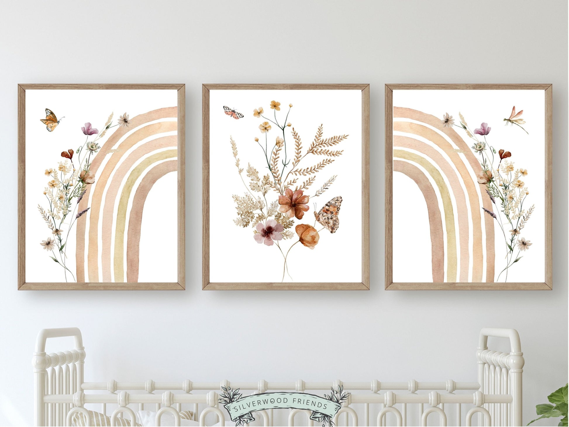 These gorgeous rainbow wildflower nursery prints with sweet watercolour butterfly’s, are perfect for your boho nursery decor or wildflower nursery. It also make a lovely baby shower gift.