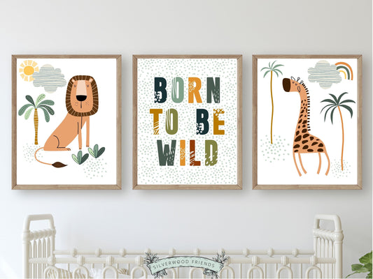 This Born To Be Wild Print Set of 3 featuring safari animals and boho jungle plants is the perfect addition for a boho style kids room or safari nursery and includes our best selling safari lion and giraffe prints.