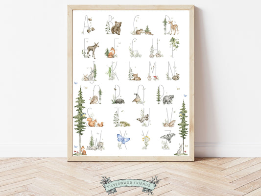 Create a the perfect woodland nursery decor for your little one with this gorgeous woodland alphabet poster. Featuring watercolour woodland animals and nature illustrations our alphabet print is perfect for your forest theme nursery, woodland decor and also makes a beautiful baby shower gift.