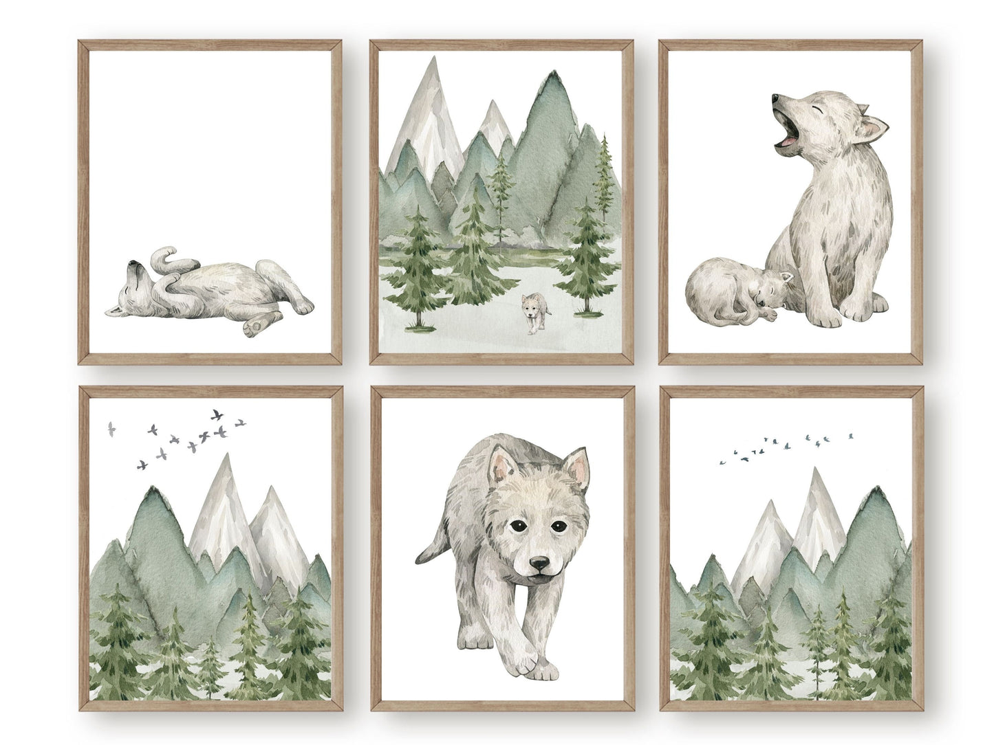 Set of 6 Baby Wolf Nursery Prints, Wolf Nursery Decor, Wolf Print Nursery, Mountain Nursery Print, Green Nursery Decor, Woodsy Nursery Decor