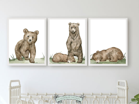 These gorgeous watercolour Sleepy Bear Nursery Prints featuring a bear family and two little cubs sleeping will transform your woodland nursery instantly into a calm and cosy space for your little one and also makes a thoughtful baby shower gift.