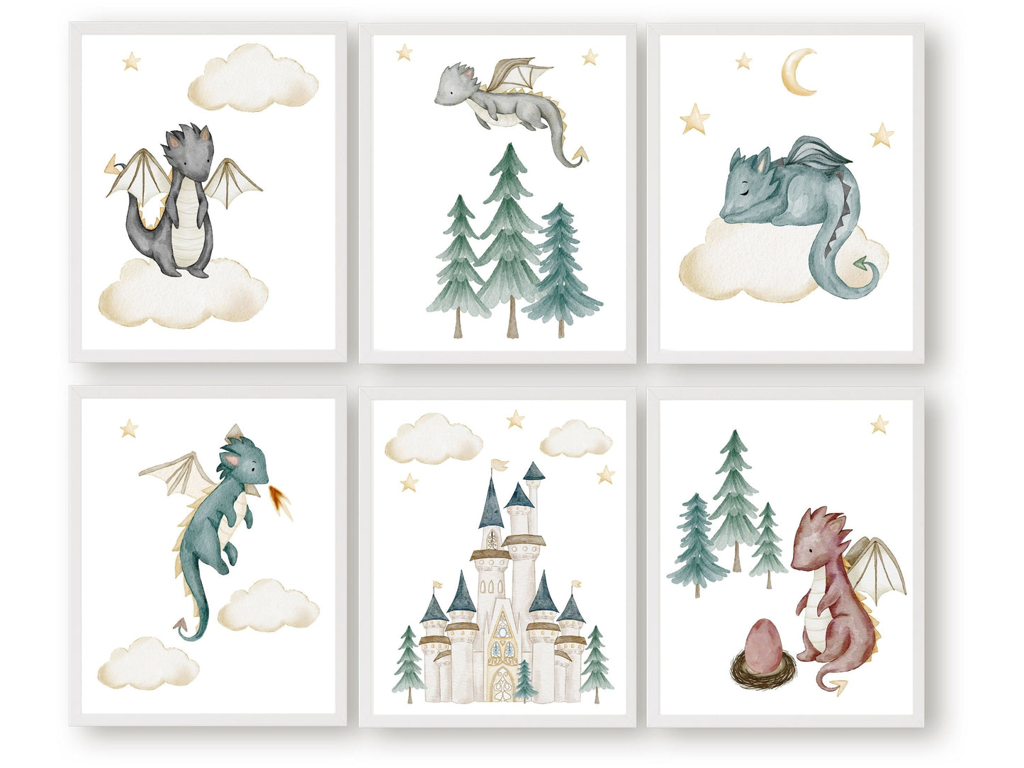 Our Set of 6 Baby Dragon Nursery Prints featuring adorable watercolour baby dragons, will spark their imagination and create a calm and cosy atmosphere and is perfect for your dragon nursery decor.