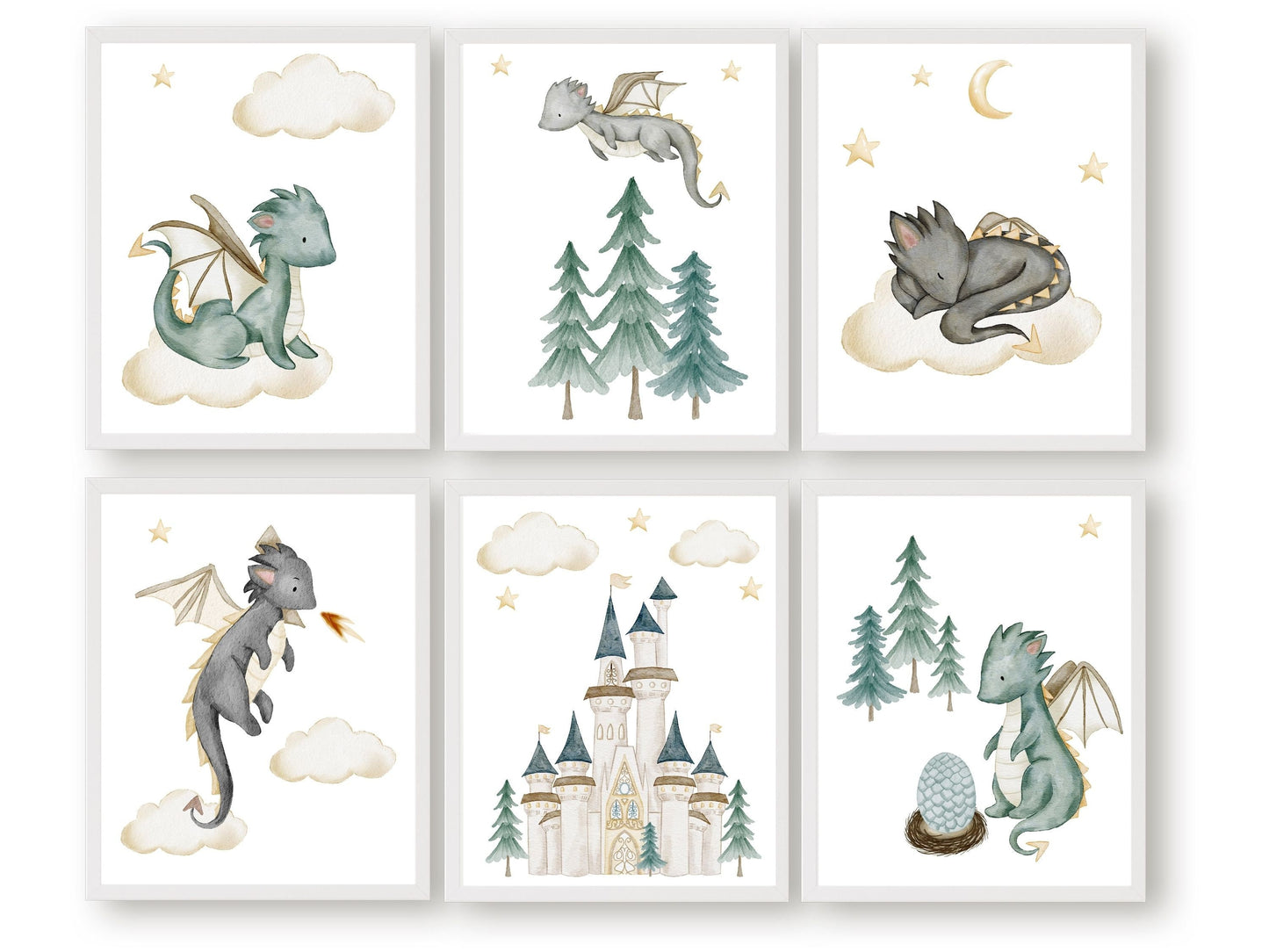 Our Baby Dragon Nursery Prints Set of 6 will spark their imagination and create a calm and cosy atmosphere and is part of or BEST SELLING baby dragon nursery decor collection. 