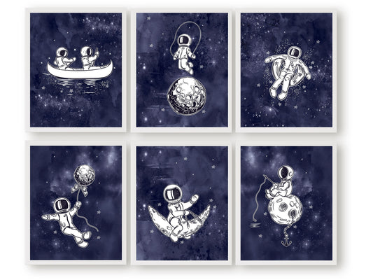 Enhance your outer space themed nursery with our Astronaut Nursery Prints Set of 6, designed to create a calm and cosy atmosphere while sparking your child's wonder and imagination through captivating depictions of the starry night sky.