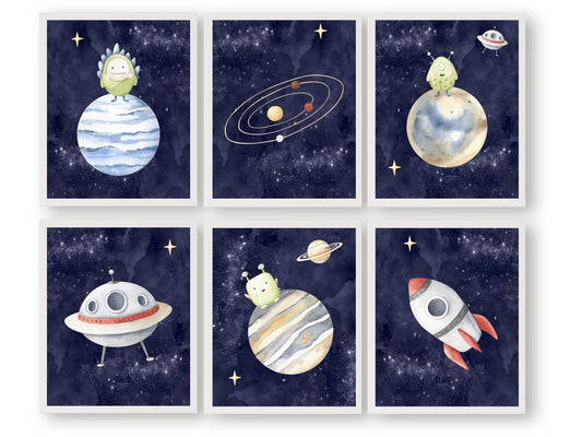 Add a touch of the cosmos to your little one's room with these Space Nursery Prints! Featuring playful aliens on planets with a navy blue outer space background, this space- themed nursery decor is perfect for igniting your child's imagination and curiosity about the universe.