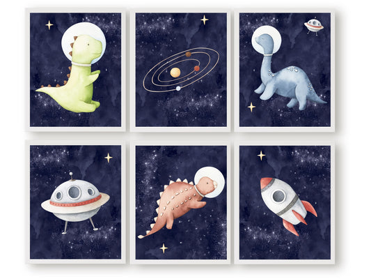 Transform your nursery into a realm of cosmic wonder with our enchanting Space Dinos Nursery Print Set of 6. These captivating artworks feature prehistoric dinosaurs soaring amidst planets, stars, and spaceships, igniting creativity and fostering boundless imagination in your little one.