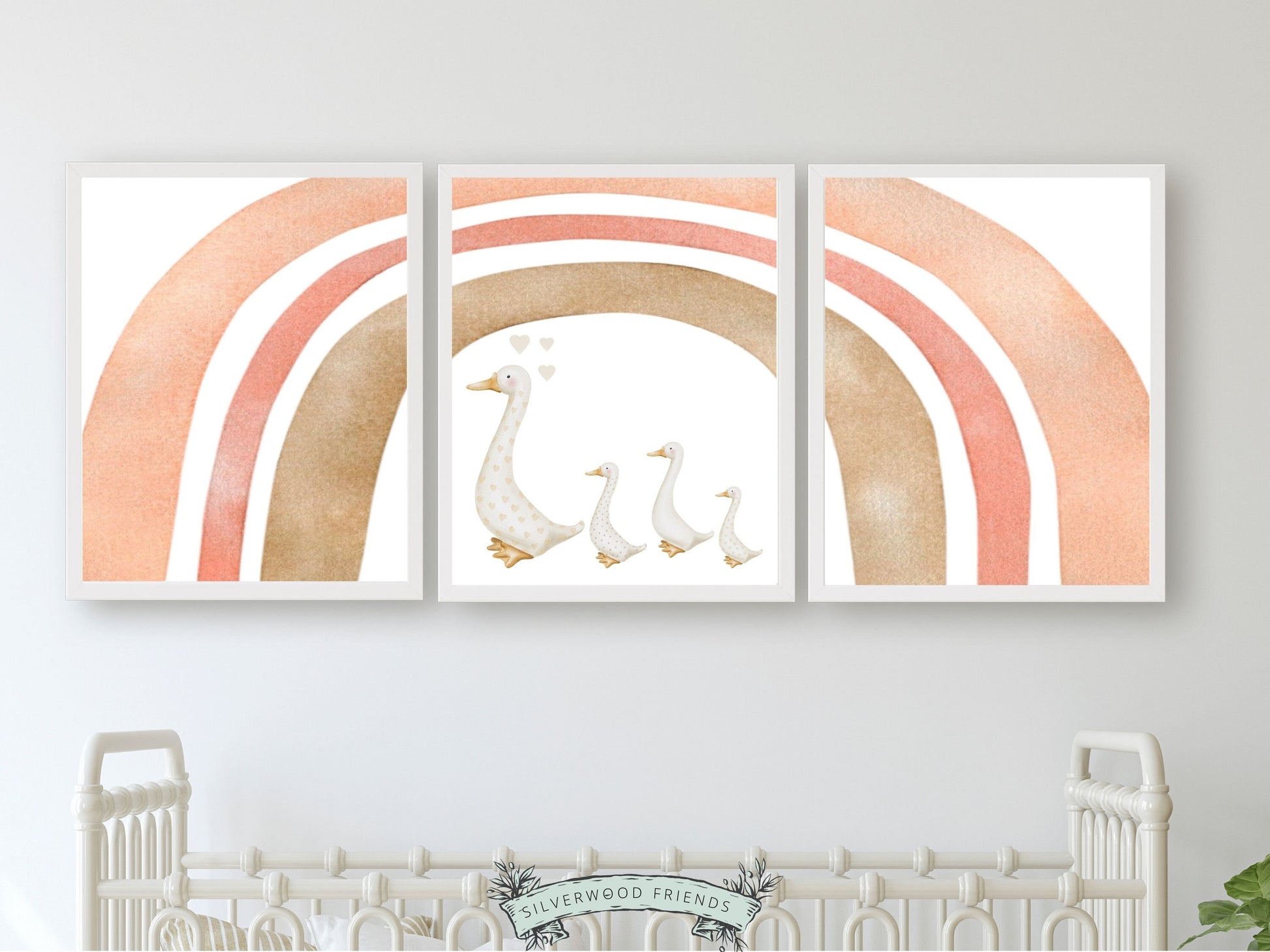 These gorgeous duck nursery prints with watercolour rainbow, duck and ducklings, is the perfect nursery print set for your boho nursery decor, and also makes a lovely baby shower gift.