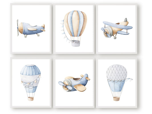 Our Transport Nursery Theme Print Set of 6 featuring watercolour hot air balloons and airplanes and will create a calm and cosy space for your little one and is a lovely addition to your boys airplane nursery decor or transport nursery decor.