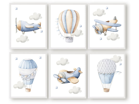 Our Blue Transport Nursery Prints  featuring watercolour airplanes and hot air balloons surrounded by clouds and stars will create a calm and cosy space for your little one and is a lovely addition to your boys airplane nursery decor or transport nursery decor.