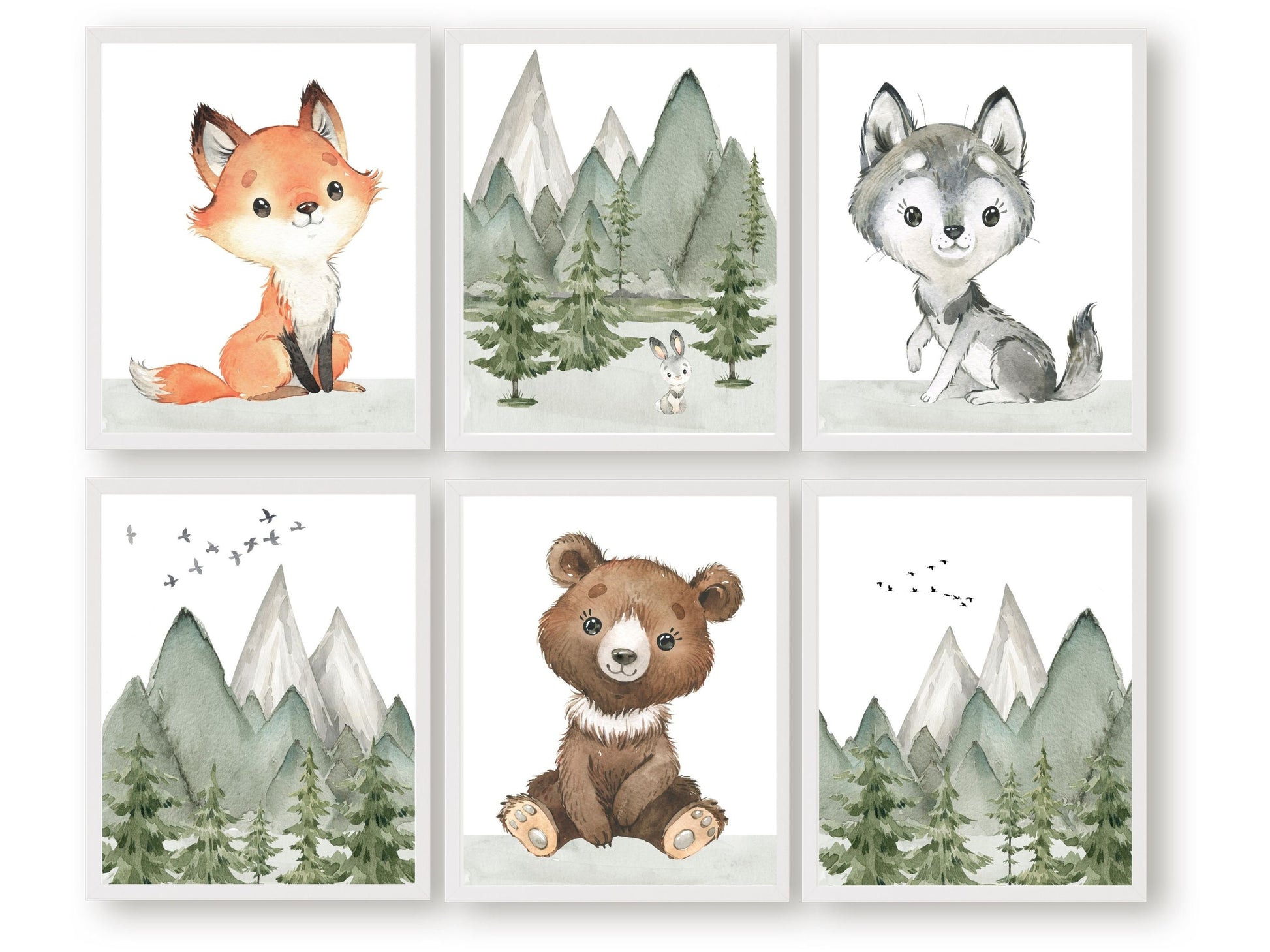 Create a peaceful and enchanting woodland inspired nursery with this Set of 6 Woodland Baby Animal Nursery Prints. Featuring adorable baby forest animals and a serene mountain and forest theme, this collection is perfect for a woodland themed nursery or as a baby shower gift.