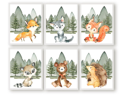 Create a serene and enchanting forest-inspired nursery with this Set of 6 Woodland Baby Animal Nursery Prints. Featuring adorable baby forest animals and a lush green forest theme, this collection is perfect for a mountain nursery, woodland nursery and forest themed nursery.