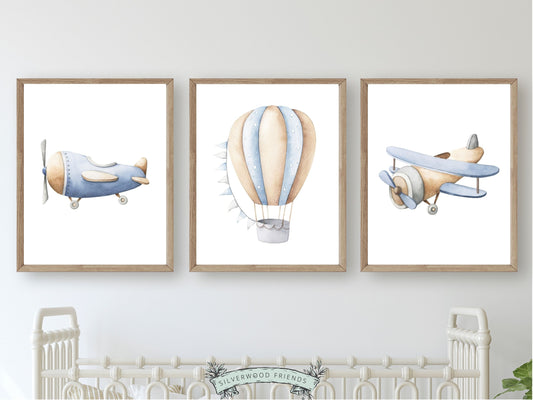 Our blue watercolour Airplane Nursery Prints Set of 3 will create a calm and cosy space for your little one and is a lovely addition to your boys airplane nursery decor,  transport nursery decor or as a thoughtful baby shower gift.