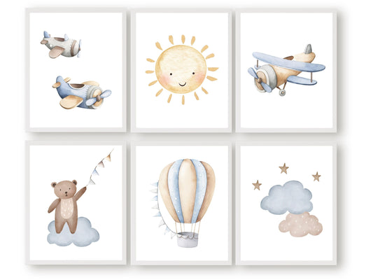 Our watercolour Plane and Balloon Nursery Prints Set of 6 will create a calm and cosy space for your little one and is perfect for decorating your blue nursery decor or as a baby shower gift. Pop them in frames and they will be the talk of the shower!