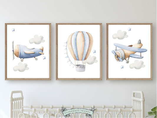 Our blue watercolour Airplane Adventure Nursery Prints will create a calm and cosy space for your little one and is a lovely addition to your boys airplane nursery or transport nursery decor, and makes a thoughtful baby shower gift.