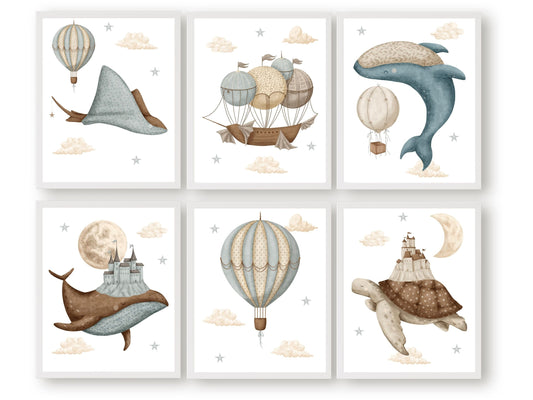 Our Sea Life Air Balloon Nursery Prints Set of 6, where enchantment meets the sea, features beautifully illustrated floating sea animals amongst air balloons surrounded by fluffy clouds and magical castles in the sky. These prints are perfect for any ocean theme nursery or fairytale theme nursery decor.