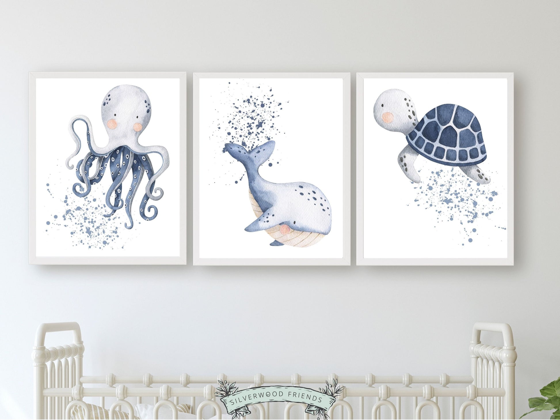 Our Ocean Animal Nursery Prints Set of 3  featuring watercolour octopus, whale and turtle with blue watercolour splashes, will spark their imagination and is the perfect addition to your ocean themed nursery or sea themed nursery decor.