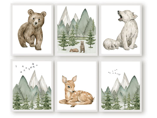 These cute Baby Forest Animal Nursery Prints featuring a baby bear, wolf and deer surrounded by woodland forests and mountains, is the perfect addition to your baby's woodland nursery decor or as a woodland baby shower gift.