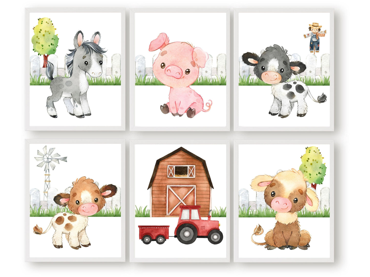 Our Baby Farm Nursery Prints features adorable watercolour farm animals, barnyard and tractor and is perfect for your farm nursery decor or as a unique farm baby shower gift.