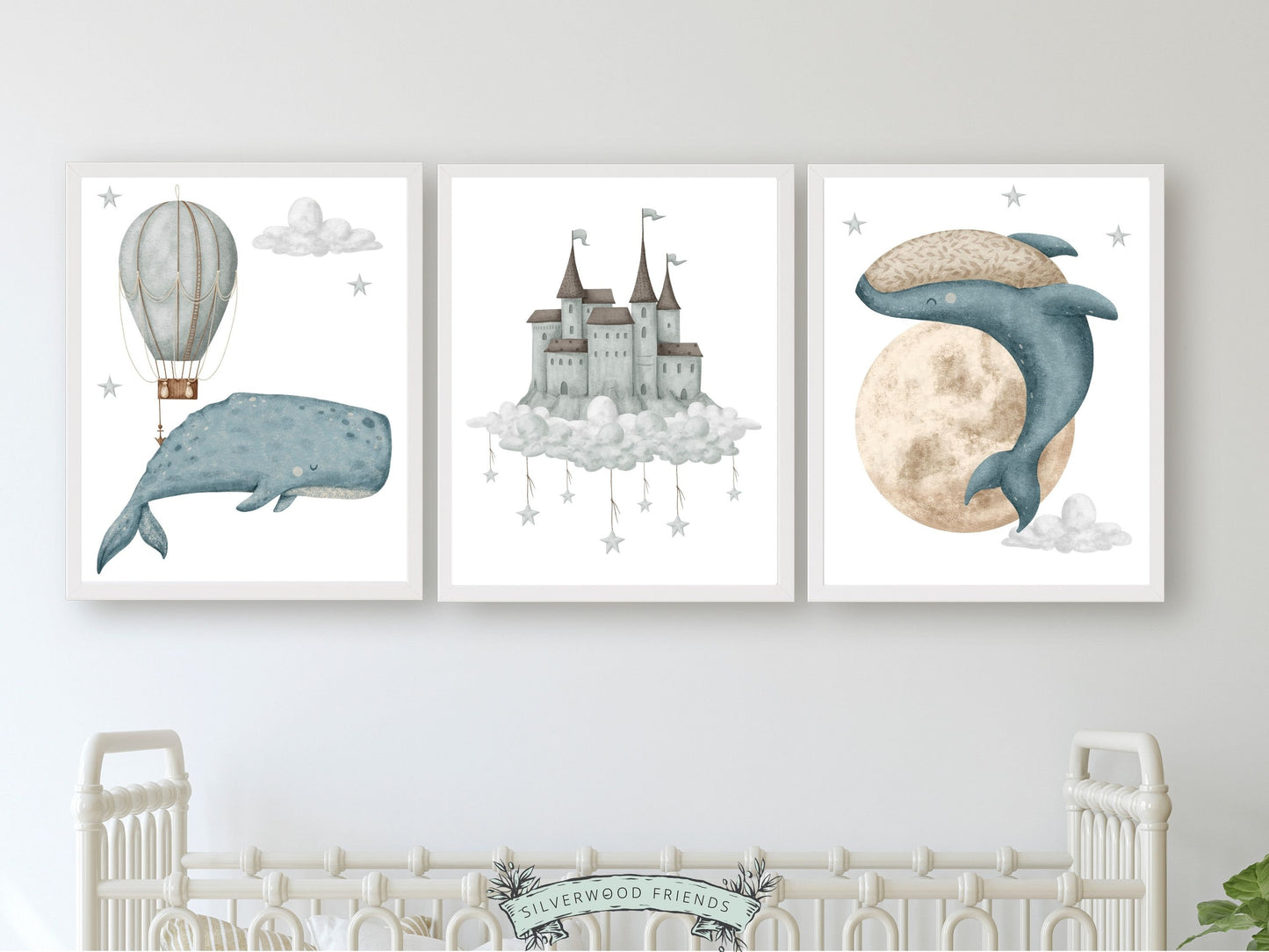 Our Whales in the Sky Nursery Prints Set of 3 with watercolour whales in the sky and beautiful details and patterns within the elements, is gender neutral and will spark your little one's imagination and create a calm and cosy space.