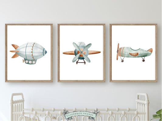 Our Green Watercolour Airplane Nursery Prints will create a calm and cosy space for your little one and is a lovely addition to your boys airplane nursery decor or transport nursery decor.