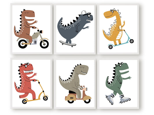 Our delightful Dinosaurs Riding Bikes Set of 6 Prints features a different prehistoric creature riding a different type of wheel, from bikes and scooters to skateboards and rollerblades, bringing a playful and whimsical touch to your little boys bedroom decor.