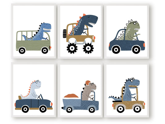 Our delightful Dinosaur car Nursery Prints Set of 6 features dinosaurs on wheels - the perfect addition to any dinosaur lovers baby boy's nursery decor! Each print showcases a different prehistoric creature driving a different type of vehicle and is perfect for your dinosaur theme nursery or transport theme nursery.