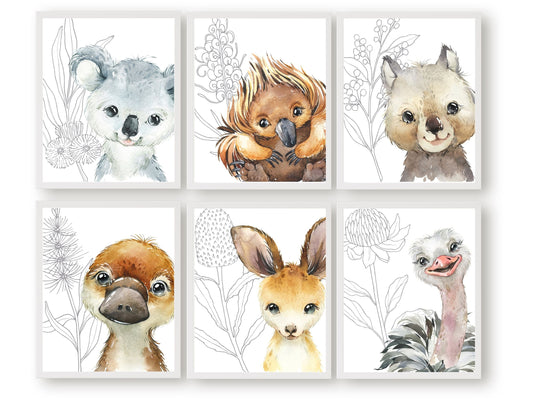 Bring a little bit of the Australian wilderness into your home with this Set of 6 Aussie Animals Native Flower Prints featuring a cute and cuddly Aussie animal - Baby Kangaroo, Koala, Wombat, Platypus, Emu and Echidna surrounded by beautiful light grey Australian native flowers.