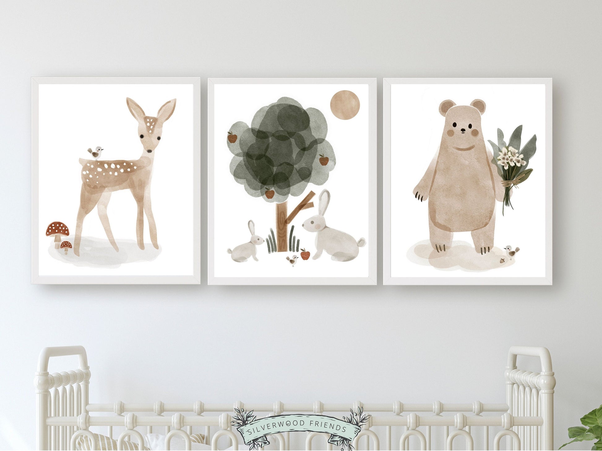 Our Set of 3 Boho Woodland Animal Nursery Prints featuring adorable watercolour woodland animals and boho elements, will instantly transform your boho nursery decor and is perfect as a new baby gift for a woodland baby shower or boho baby shower gift.