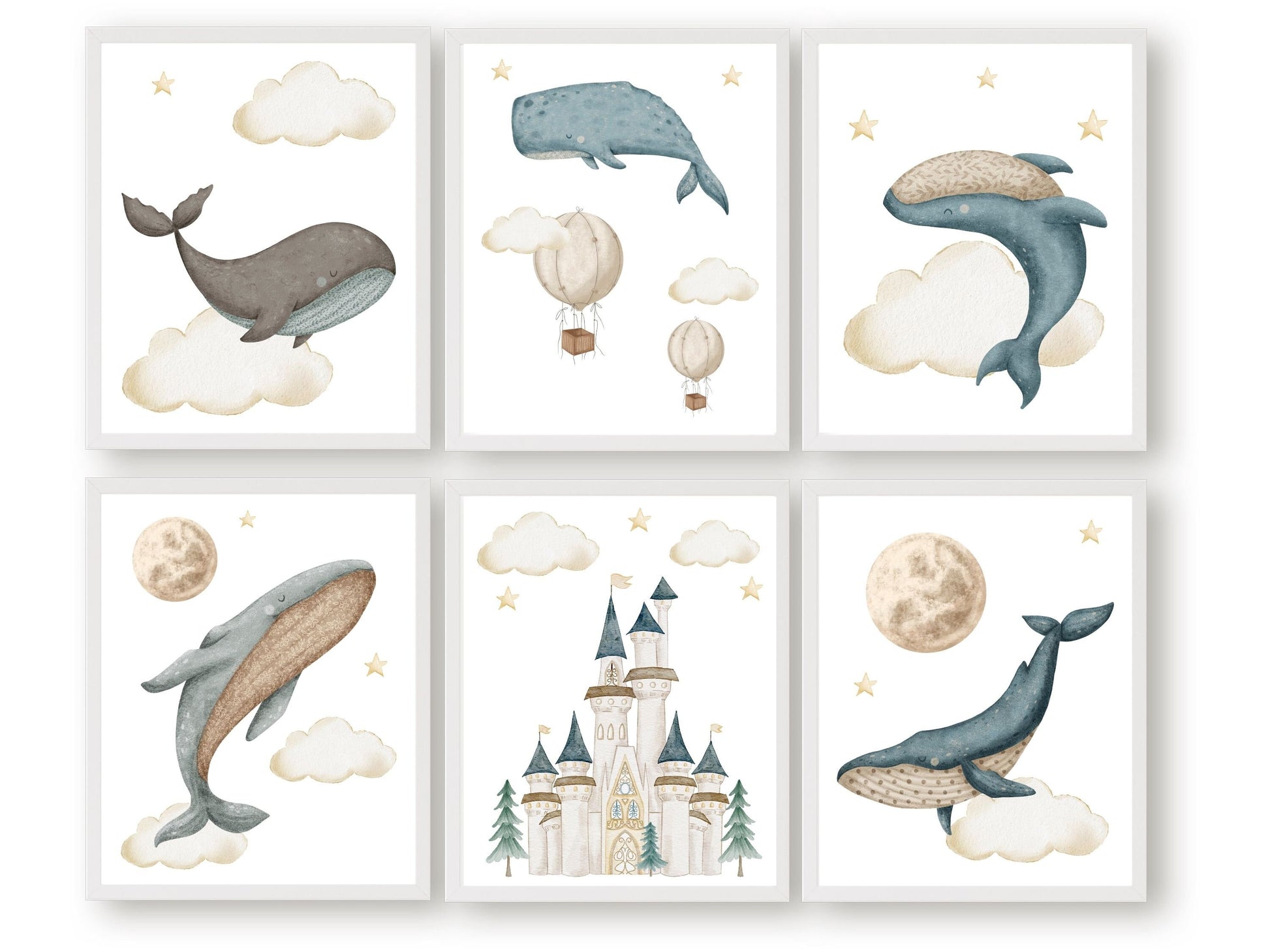 Our Fantasy Whale Nursery Print set of 6 will spark their imagination and create a calm and cosy atmosphere. Perfect for your sea life nursery decor and fairytale nursery and make a magical baby shower gift that will be cherished.