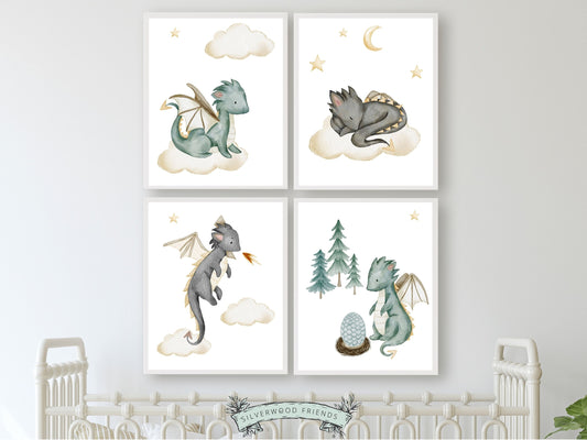 Our Set of 4 Baby Dragon Nursery Prints will spark their imagination and create a calm and cosy atmosphere. Perfect for your dragon nursery or fairytale nursery decor.