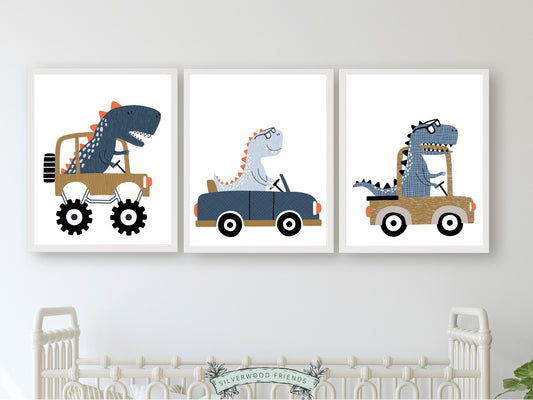 Our delightful Dinosaur Car Nursery Prints Set of 3 features dinosaurs on wheels - the perfect addition to any dinosaur lovers baby boy's nursery decor! Each print showcases a different prehistoric creature driving a different type of vehicle and is perfect for your dinosaur theme nursery or transport theme nursery.