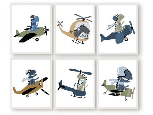 Our adorable Dinosaur Airplane Nursery Print Set of 6 features everyone's favourite prehistoric creatures flying high in planes and helicopters! This set is the perfect addition to your transport nursery or adventure theme nursery decor, or for any little one who is a dinosaur lover!