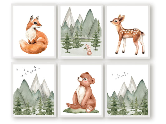 Transform your little one's nursery into a woodland wonderland with this Set of 6 Baby Forest Animal Nursery Prints. Featuring adorable illustrations of woodland creatures, this nursery wall art is perfect for a gender neutral nature themed nursery.