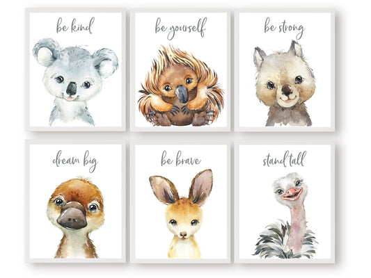 Our adorable Set of 6 Australian Animal Dream Bug Nursery Prints features some of Australia's most beloved native animals; watercolour Baby Kangaroo, Koala, Wombat, Platypus, Emu, and Echidna each surrounded by an inspiring quote to help your little one grow up strong, kind, and confident.