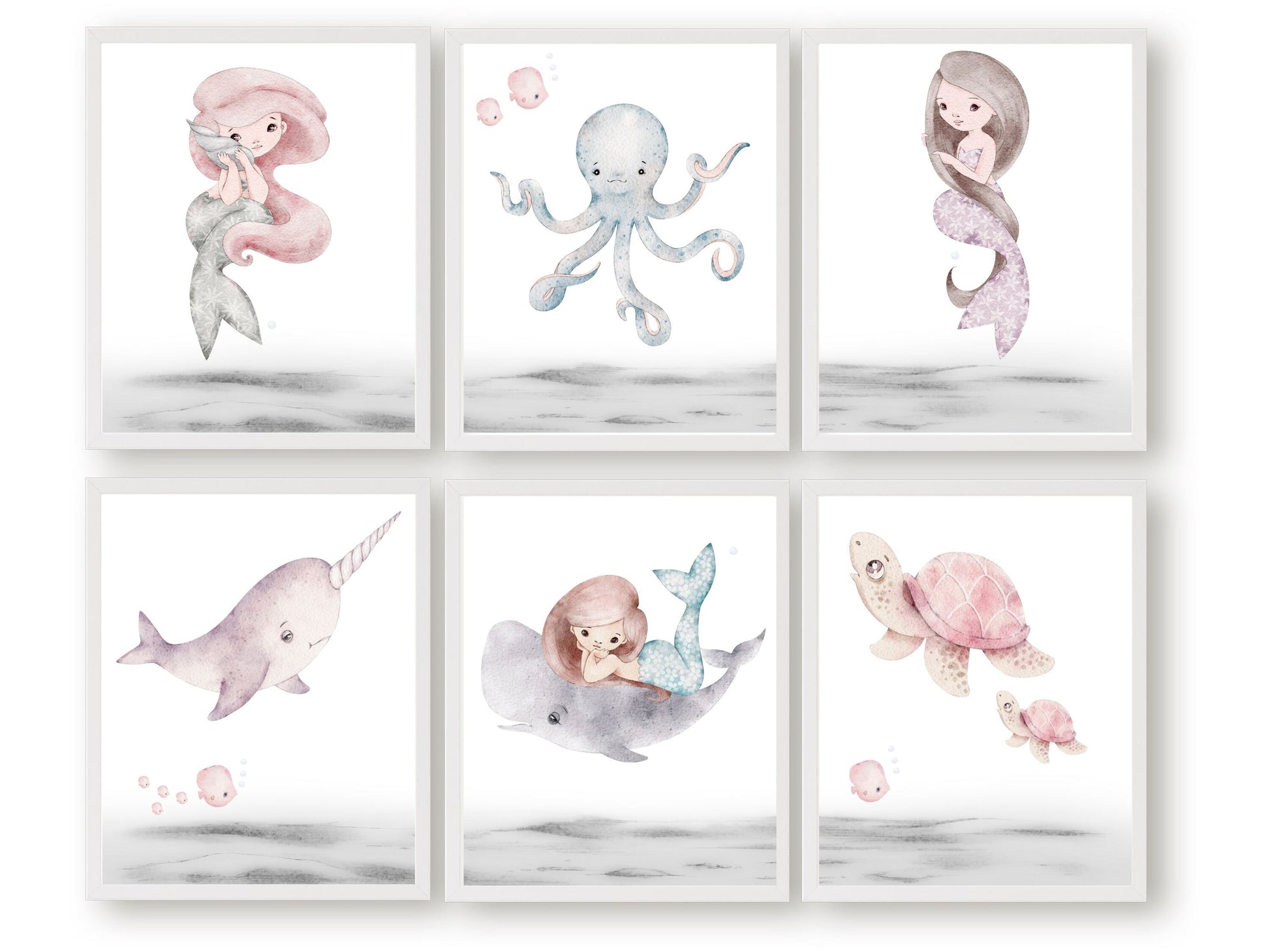 Dive into a world of underwater enchantment with our Pastel Mermaid Nursery Print Set of 6. These beautiful watercolour illustrations showcase mermaids swimming alongside a delightful array of sea creatures including a sea turtle, narwhal, whale, octopus, and fish adding a touch of magic to your baby girl's nursery decor.