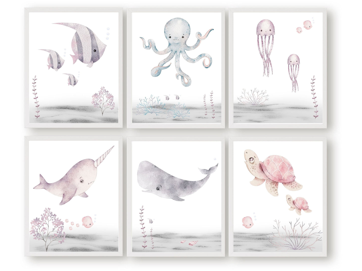 Immerse your little one in a world of underwater enchantment with our Pastel Sea Life Nursery Prints Set of 6, featuring captivating watercolour illustrations of sea creatures such as a sea turtle, narwhal, whale, octopus and jelly fish, adding a touch of magic to your baby girl's nursery decor.