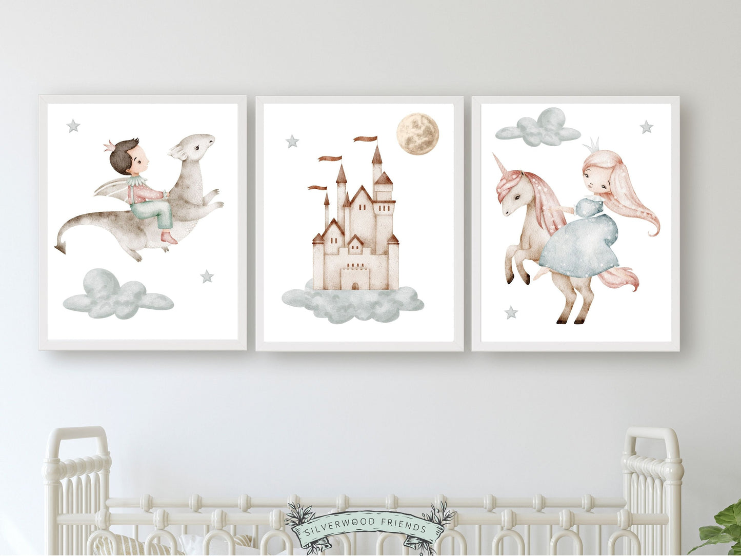 Transport your child to a whimsical world of enchantment with our pastel Fairytale Princess Nursery Prints Set of 3, featuring a prince flying a dragon, a princess flying a unicorn, and a magical castle in the sky adorned with a full moon, stars, and fluffy clouds.