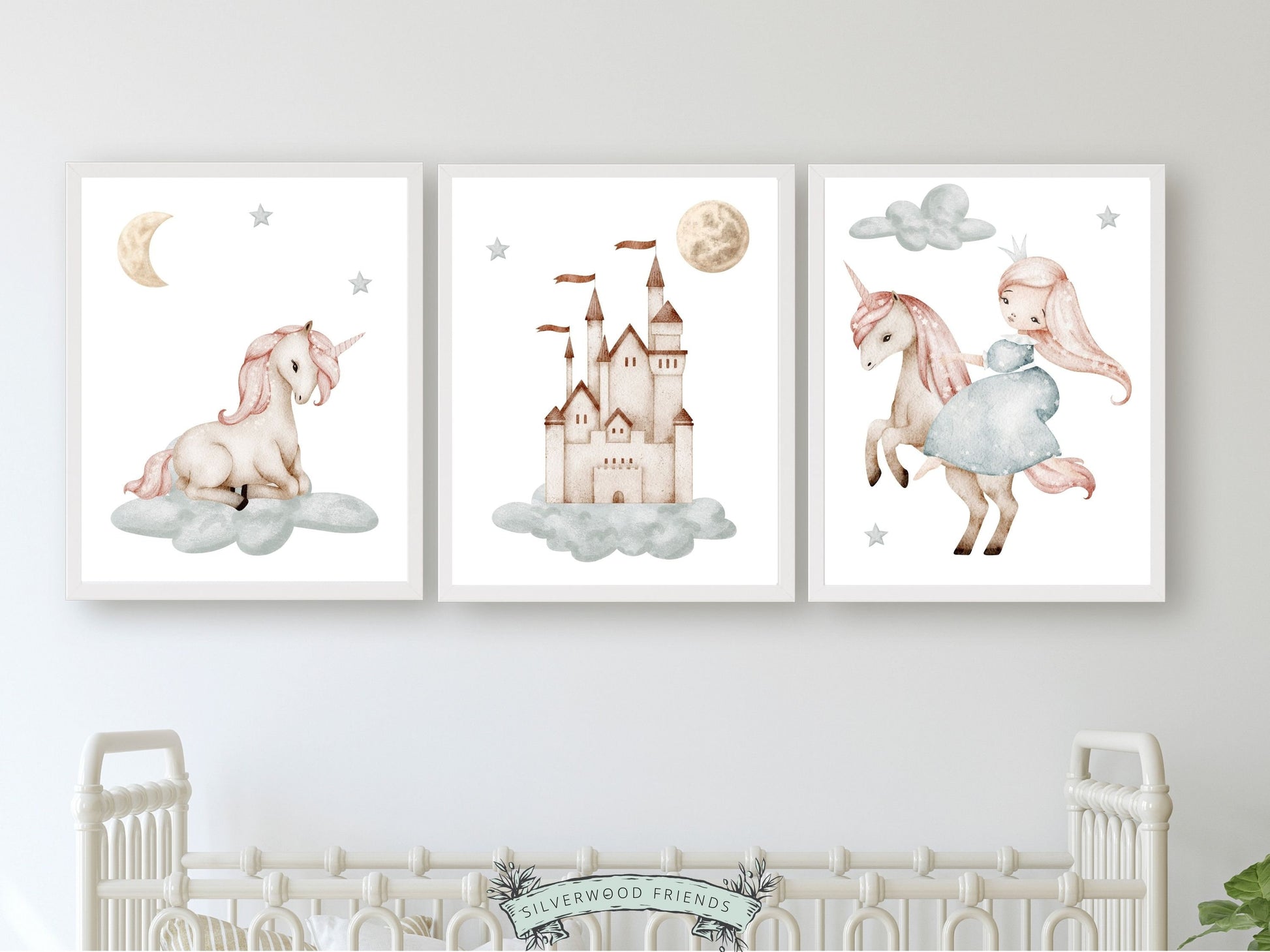 Ignite your child's imagination and create a whimsical atmosphere with this Unicorn Nursery Print Set of 3. With enchanting illustrations of a princess riding a unicorn and a magical castle in the sky adorned with a full moon, stars, and fluffy clouds, these pastel prints will infuse your baby's nursery with a captivating sense of magic and wonder.