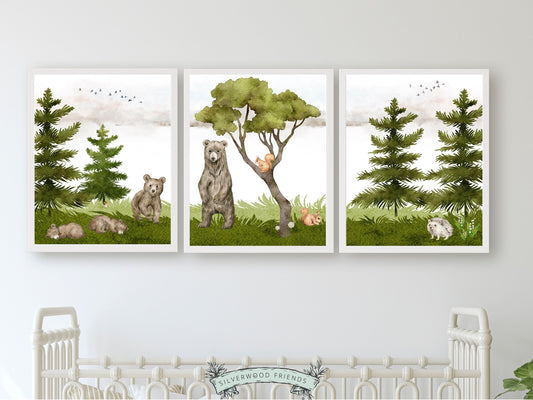 Add a touch of woodland charm to your baby's woodland nursery decor with this adorable Forest Bear Nursery Print Set of 3, showcasing adorable baby bears playing amidst the forest trees.