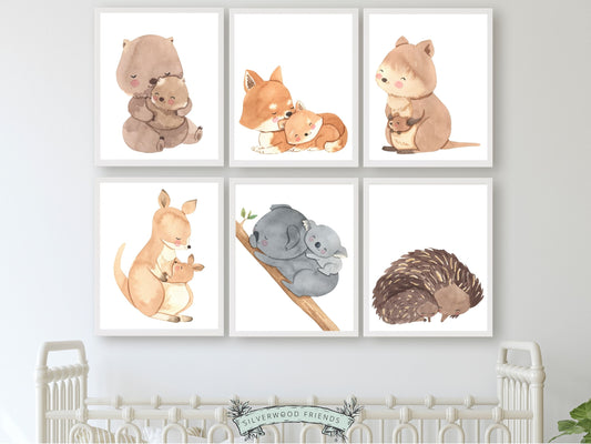 Bring a little bit of the Australian wilderness into your home with our Set of 6 Australian Animal Mother and Baby Nursery Prints featuring a cute and cuddly watercolour Aussie animal mother and baby - featuring the Kangaroo, Koala, Wombat, Quokka, Fox and Echidna.