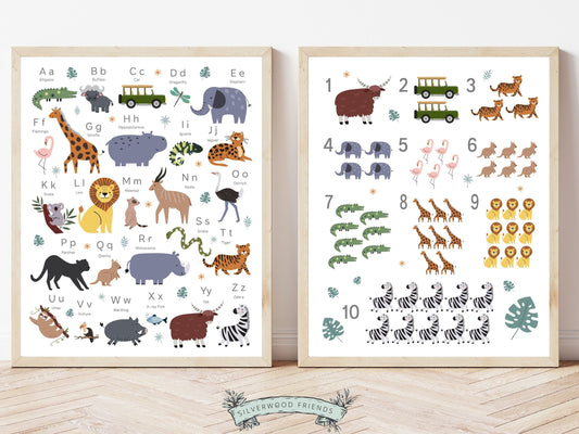 Enhance your safari nursery decor and foster learning with these stunningly illustrated boho safari and jungle theme Safari Alphabet and Number Prints, the perfect way to teach your little one the alphabet and numbers while adding a touch of wild beauty to their space.