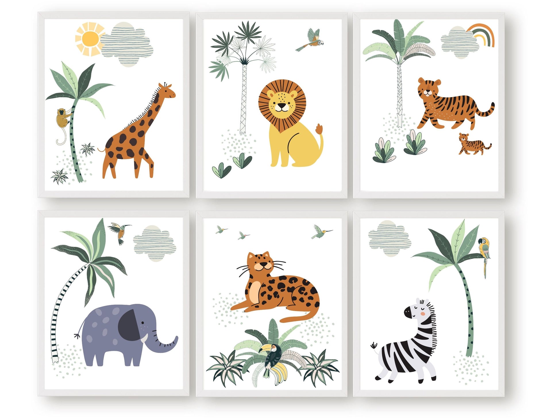 This Safari Animal Nursery Print Set of 6 with our jungle animals giraffe, lion, tiger, elephant, cheetah and zebra is set on a white background with tropical jungle plants and is perfect for your jungle theme nursery or safari nursery decor.