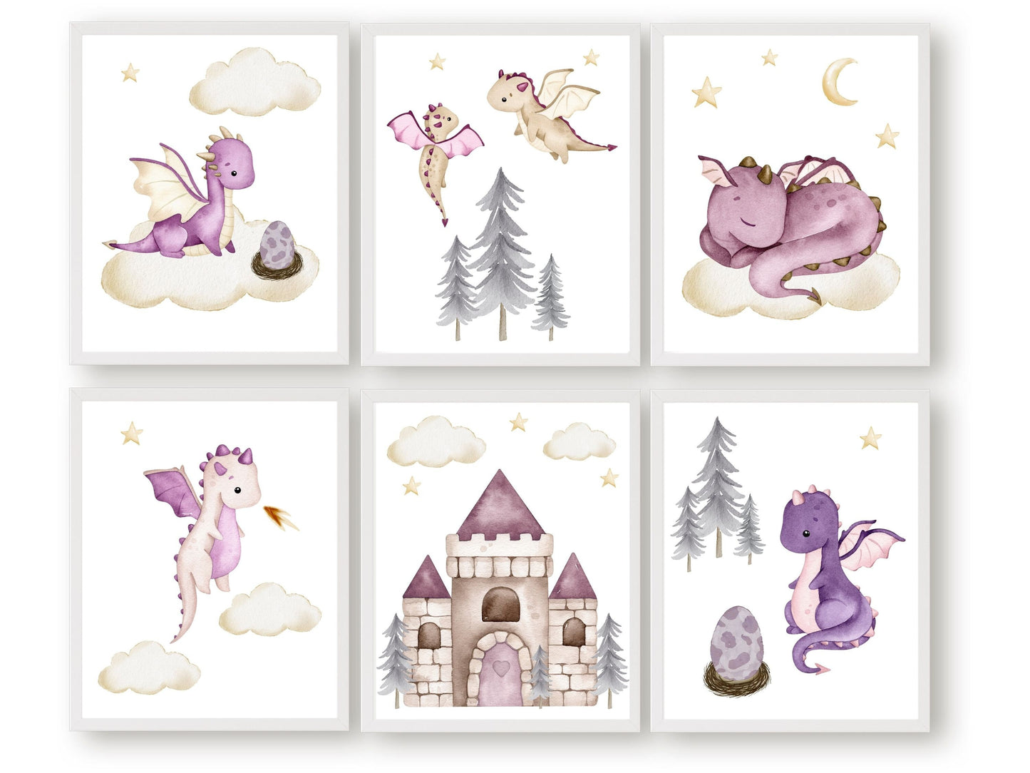 Ignite your little one's imagination with this enchanting Girls Baby Dragon Nursery Print Set, featuring adorable baby dragons soaring through a star-filled sky, surrounded by clouds, a radiant moon, and a majestic castle and forest in a delightful purple, pink, and grey colour palette, making it the perfect addition to your baby girl's nursery room decor.