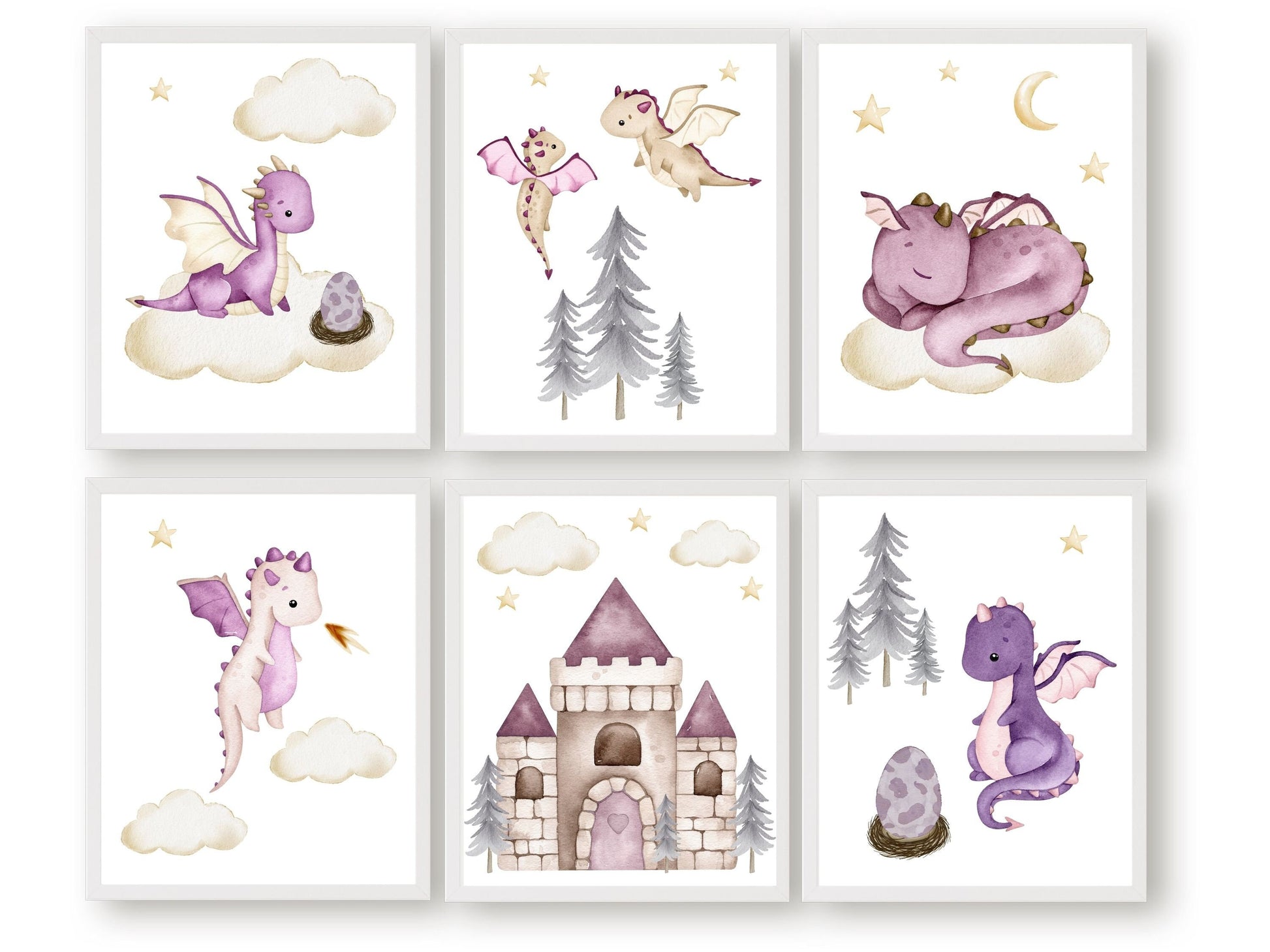 Ignite your little one's imagination with this enchanting Girls Baby Dragon Nursery Print Set, featuring adorable baby dragons soaring through a star-filled sky, surrounded by clouds, a radiant moon, and a majestic castle and forest in a delightful purple, pink, and grey colour palette, making it the perfect addition to your baby girl's nursery room decor.